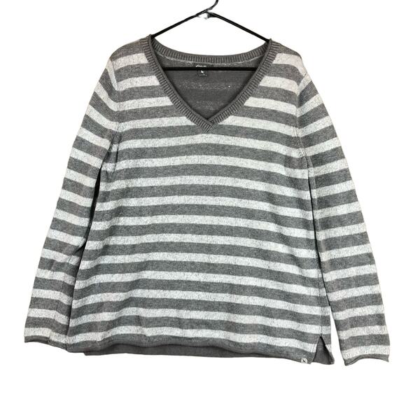 Eddie Bauer Womens Sweater Gray Striped Knit V Neck Pullover Long Sleeve TXL - Picture 1 of 13